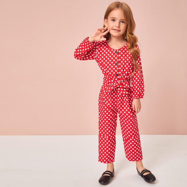 

Toddler Girls Polka Dot Half Button Belted Jumpsuit, Red