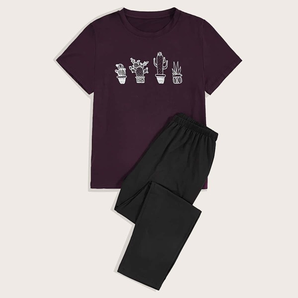

Men Plants Print Tee With Pants PJ Set, Multicolor