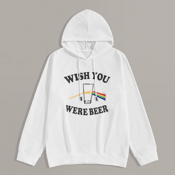 

Men Letter Print Drawstring Hoodie, White