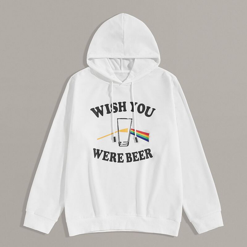 

Guys Letter Print Drawstring Hoodie, White