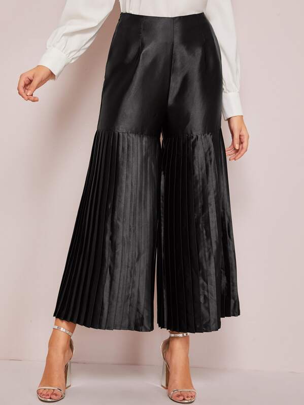 

Pleated Wide Leg Satin Pants, Black, MARTINA