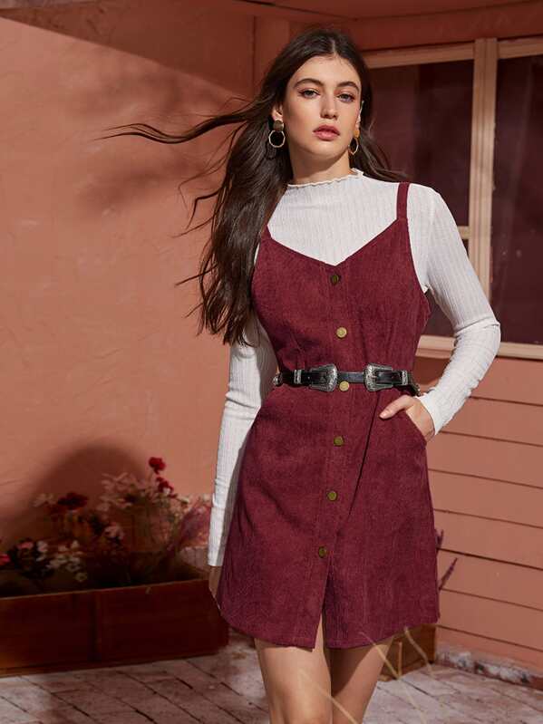 

Button Up Corduroy Cami Dress Without Tee & Belt, Burgundy, Mila