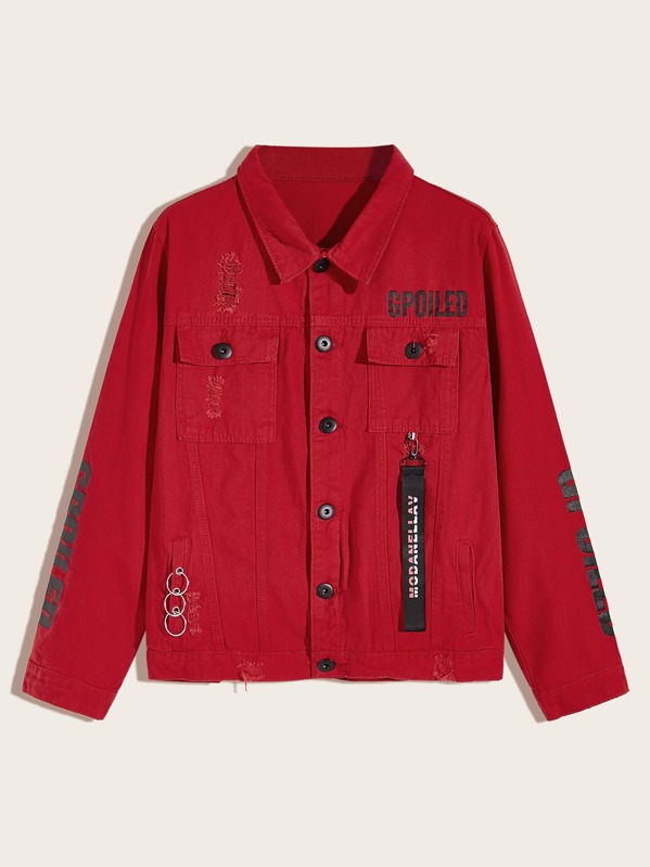 

Men Letter Graphic Ripped Trucker Denim Jacket, Red, Gleb