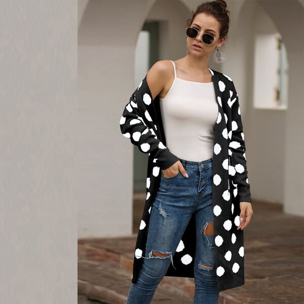 

Allover Polka Dot Dual Pocket Cardigan, Black and white