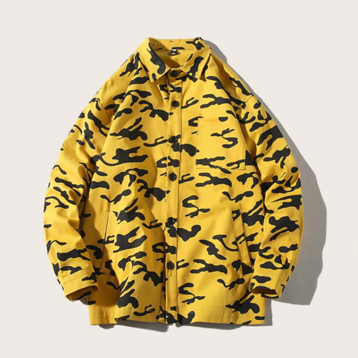 

Guys Camo Print Pocket Front Shacket, Yellow