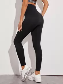 Yoga Basic Wide Band Waist Crop Seamless Sports Leggings - Black - View 2