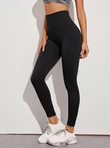 Yoga Basic Wide Band Waist Crop Seamless Sports Leggings - Black - View 5