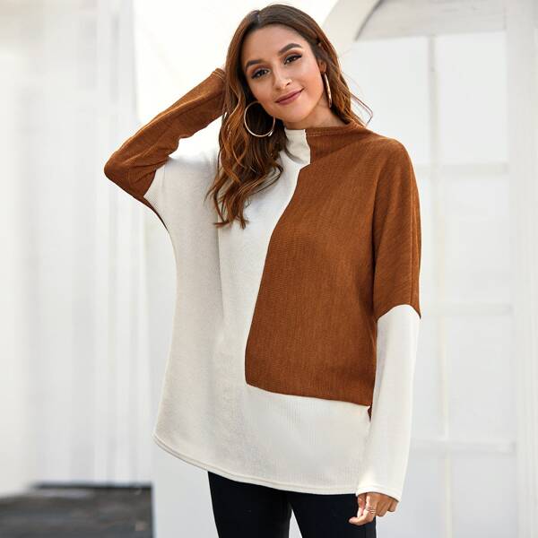 

Funnel Neck Two Tone Drop Shoulder Tee, Multicolor