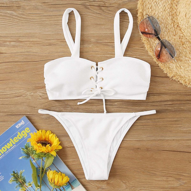 

Rib Lace Up Front Bikini Set, White