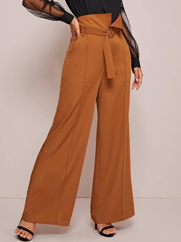 

High Waist Belted Wide Leg Pants, Brown, Gabe