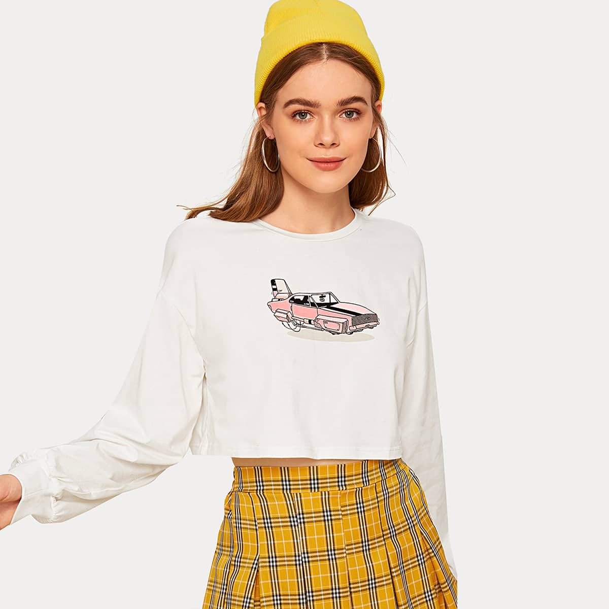 

Car Print Long Sleeve Crop Tee, White