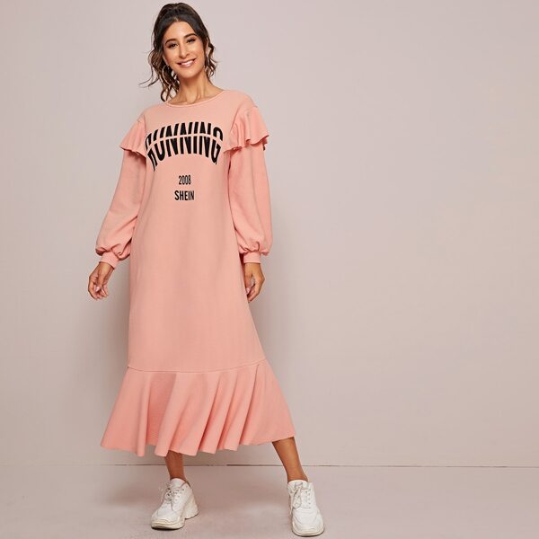 

Slogan Graphic Balloon Sleeve Ruffle Trim Dress, Pink pastel
