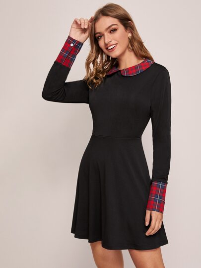 Contrast Tartan Panel A-line Dress