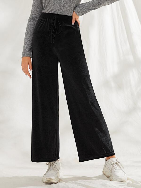 

Drawstring Waist Wide Leg Velvet Pants, Black, Nathane