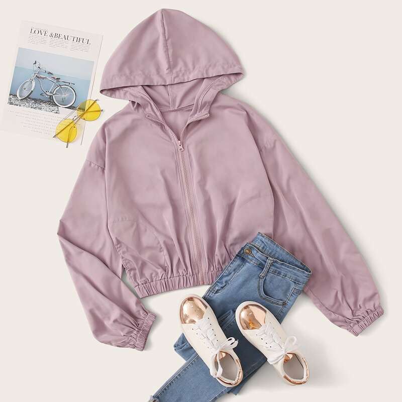 

Solid Zip-up Hooded Windbreaker Jacket, Purple