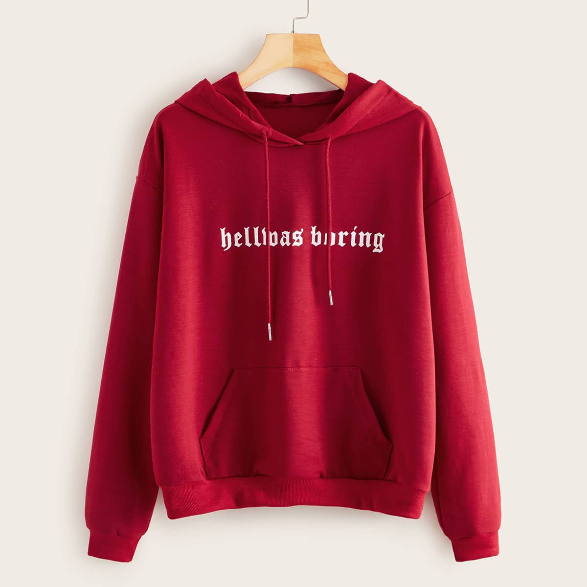 

Slogan Graphic Kangaroo Pocket Drawstring Hoodie, Red