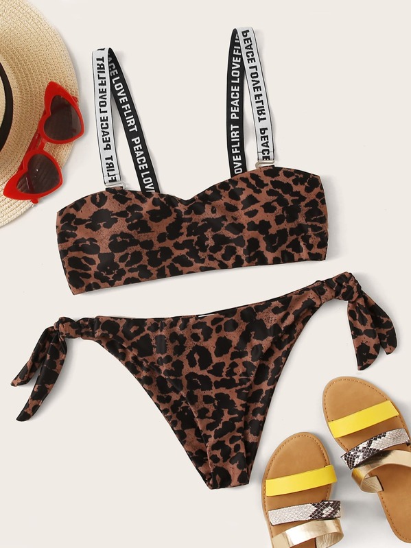 

Leopard Letter Tape Top With Tie Side Bikini Set, Multicolor