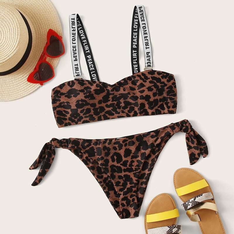 

Leopard Letter Tape Top With Tie Side Bikini Set, Multicolor