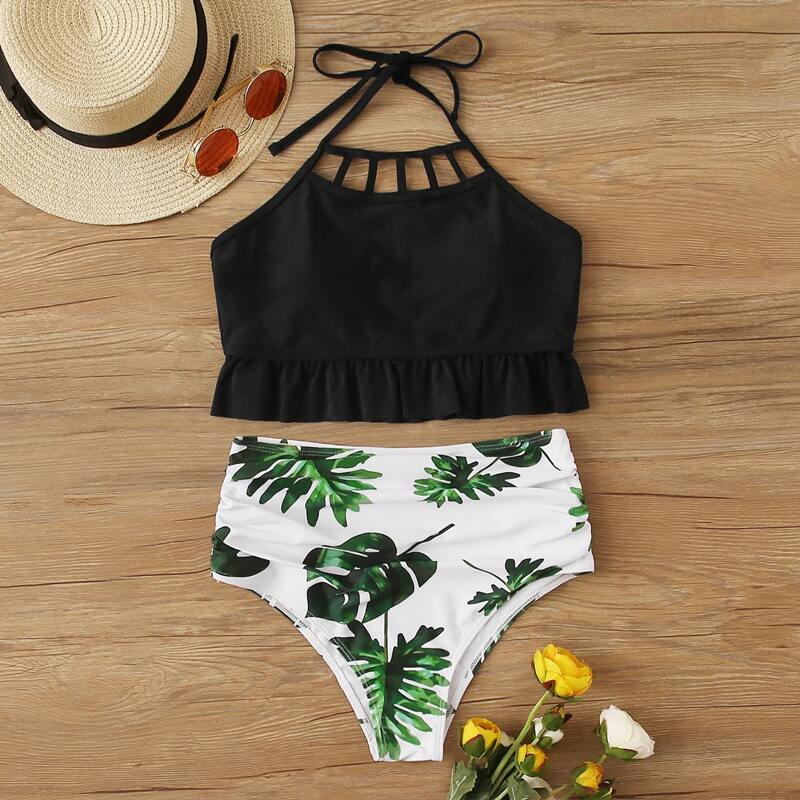 

Frill Trim Top With Tropical High Waist Bikini, Multicolor