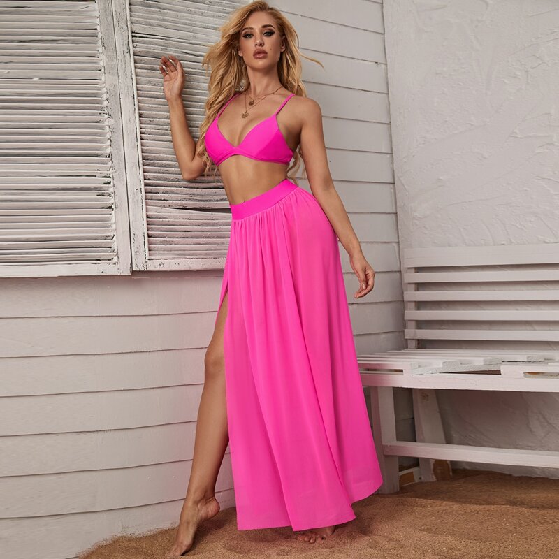 

Split Triangle Skirt Bikini Swimsuit, Pink bright