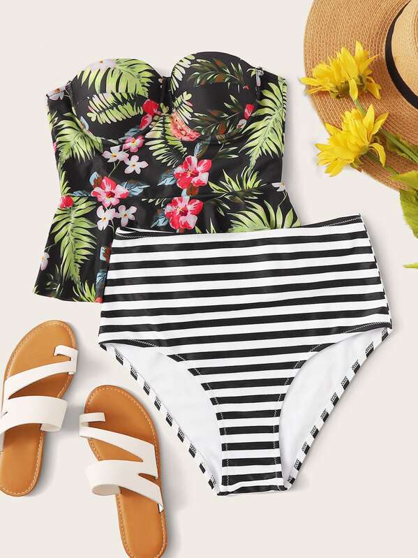 

Tropical Top With Striped High Waist Tankini, Multicolor