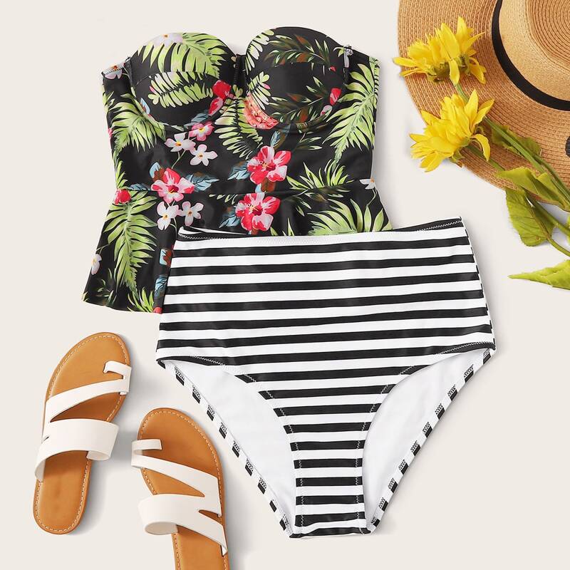 

Tropical Top With Striped High Waist Tankini, Multicolor