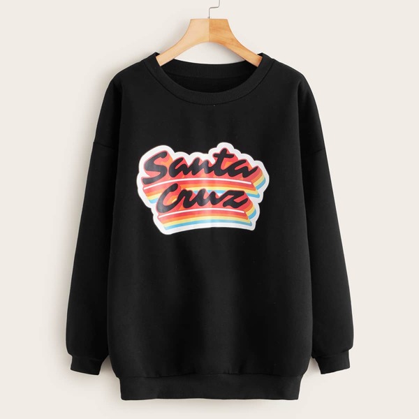 

Letter Graphic Drop Shoulder Longline Sweatshirt, Black