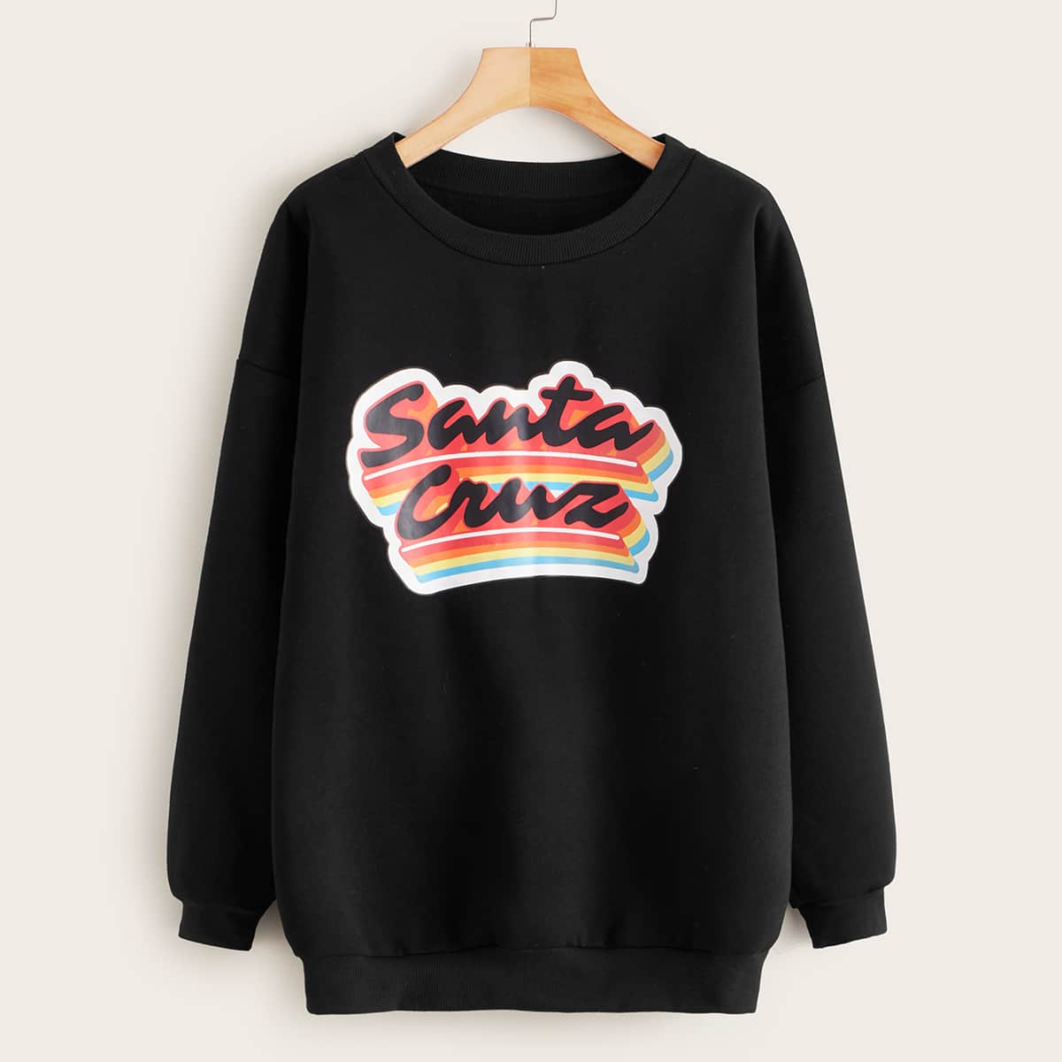 

Letter Graphic Drop Shoulder Longline Sweatshirt, Black