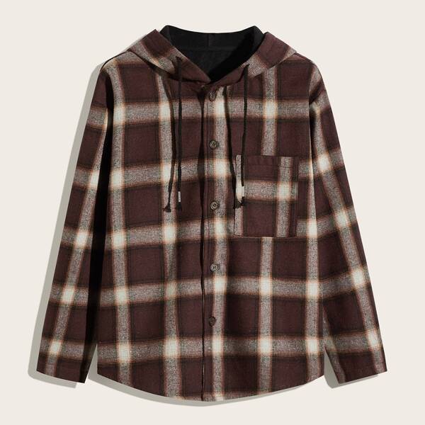 

Men Plaid Drawstring Hooded Coat, Multicolor