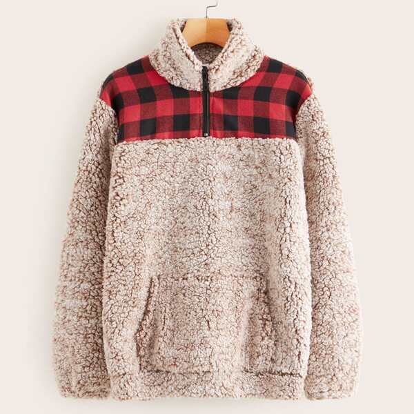 

Contrast Buffalo Plaid Half Zip Teddy Sweatshirt, Multicolor