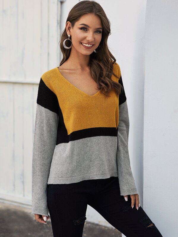 

Contrast Panel V Neck Drop Shoulder Sweater, Multicolor, Debi