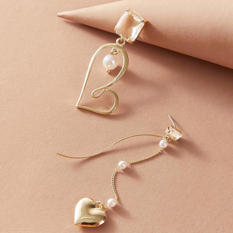 

1pair Faux Pearl Decor Mismatched Heart Drop Earrings, Gold