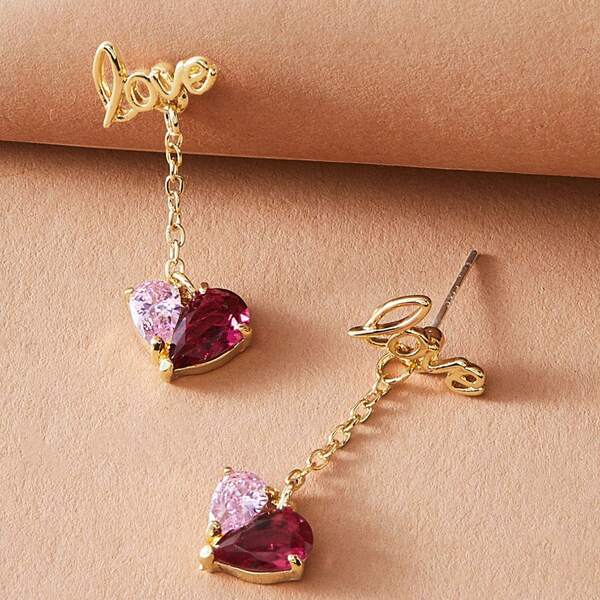 

1pair Letter Decor Heart Engraved Chain Drop Earrings, Multicolor