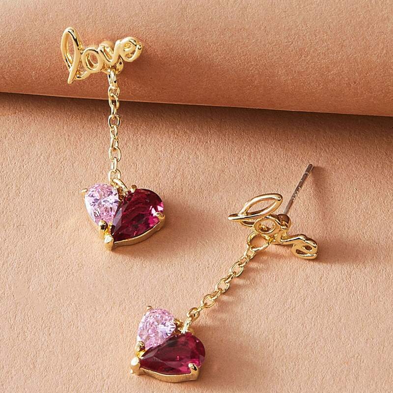

1pair Letter Decor Heart Engraved Chain Drop Earrings, Multicolor