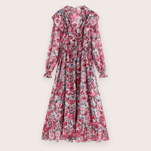 

Floral Print Ruffle Trim Flare Hem Dress, Multicolor