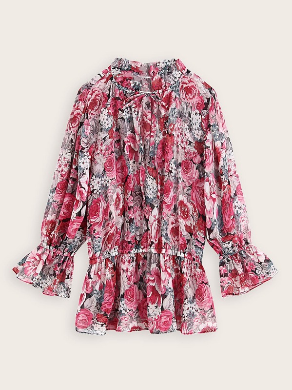 

Floral Print Tie Neck Peplum Top, Multicolor
