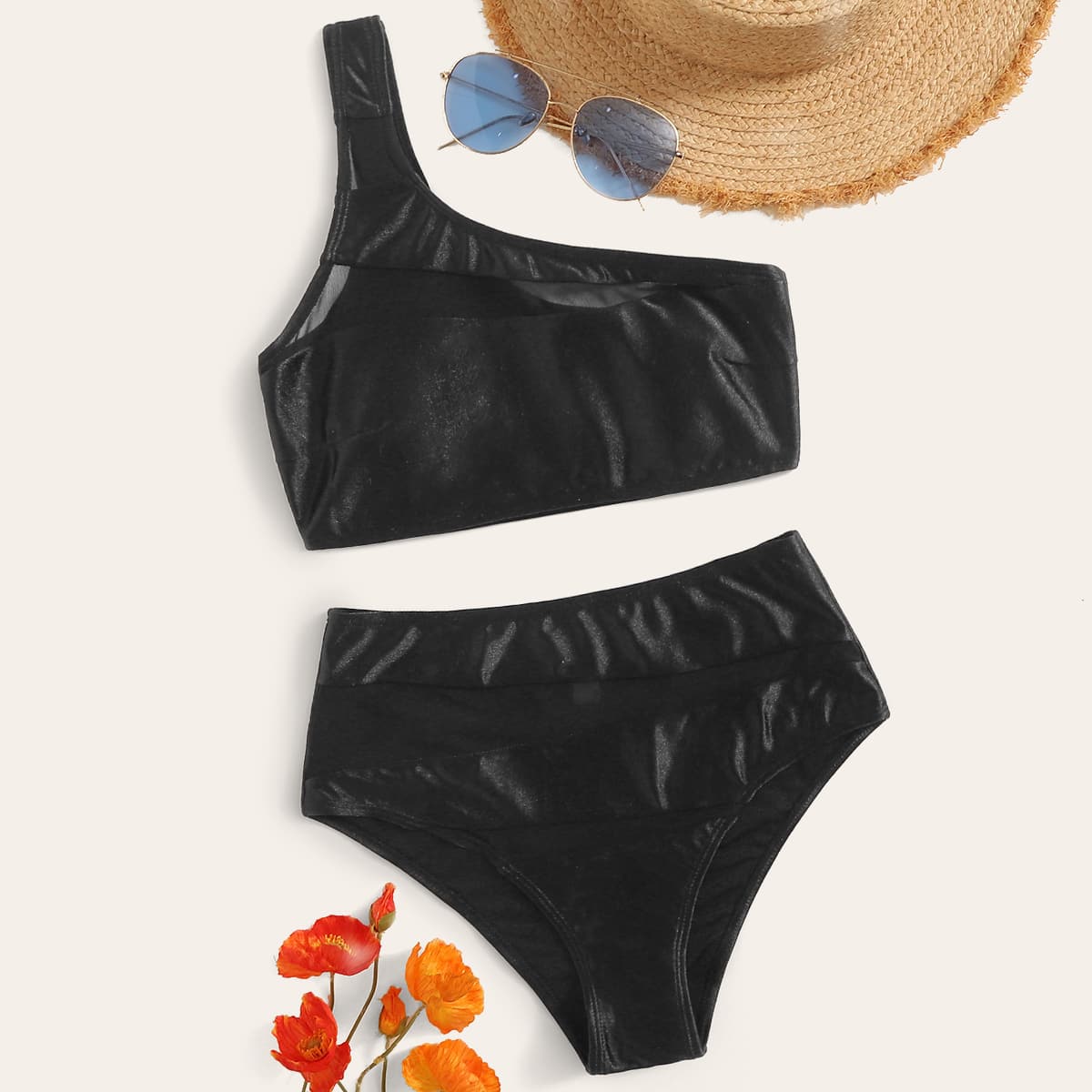 

Contrast Mesh Satin Top With High Waist Bikini Set, Black