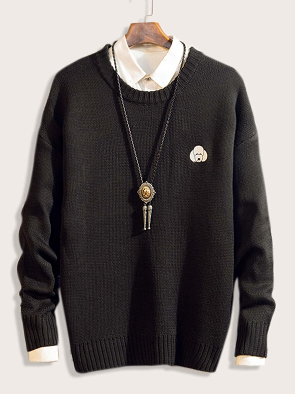 

Men Drop Shoulder Dog Embroidery Sweater, Black
