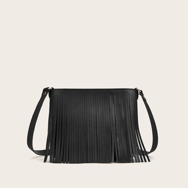 

Fringe Decor Crossbody Bag, Black