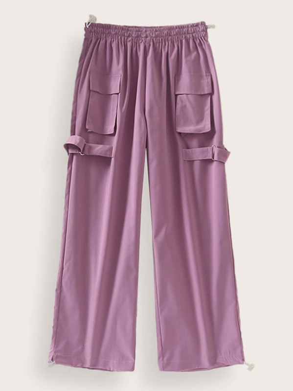 

Drawstring Wide Leg Buckle Tape Pants, Purple