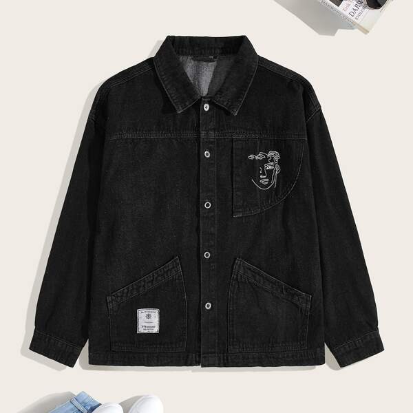 

Men Figure Graphic Denim Jacket, Black