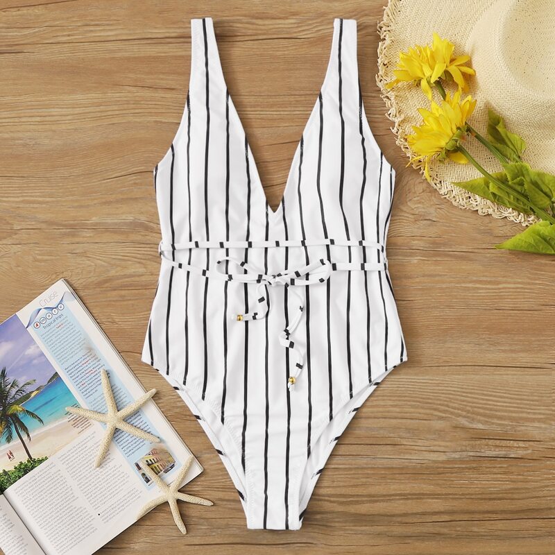 

Striped Tie Waist One Piece Swimsuit, Black and white