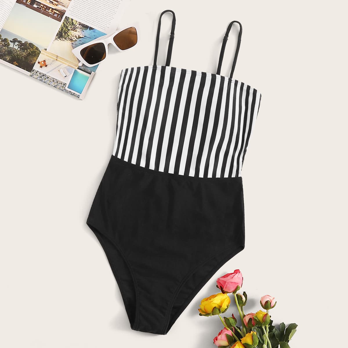 

Striped One Piece Swimwear, Black and white