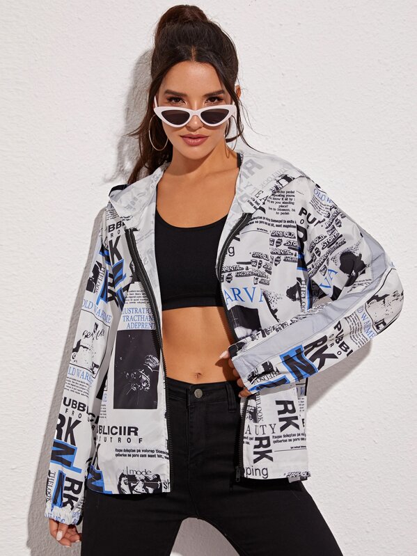 

Letter & Graphic Print Hooded Windbreaker Jacket, Black and white, Juliana