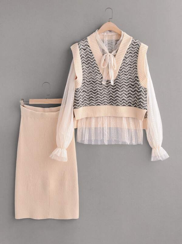 

Sheer Mesh Blouse & Chevron Sweater Vest & Skirt Set, Multicolor