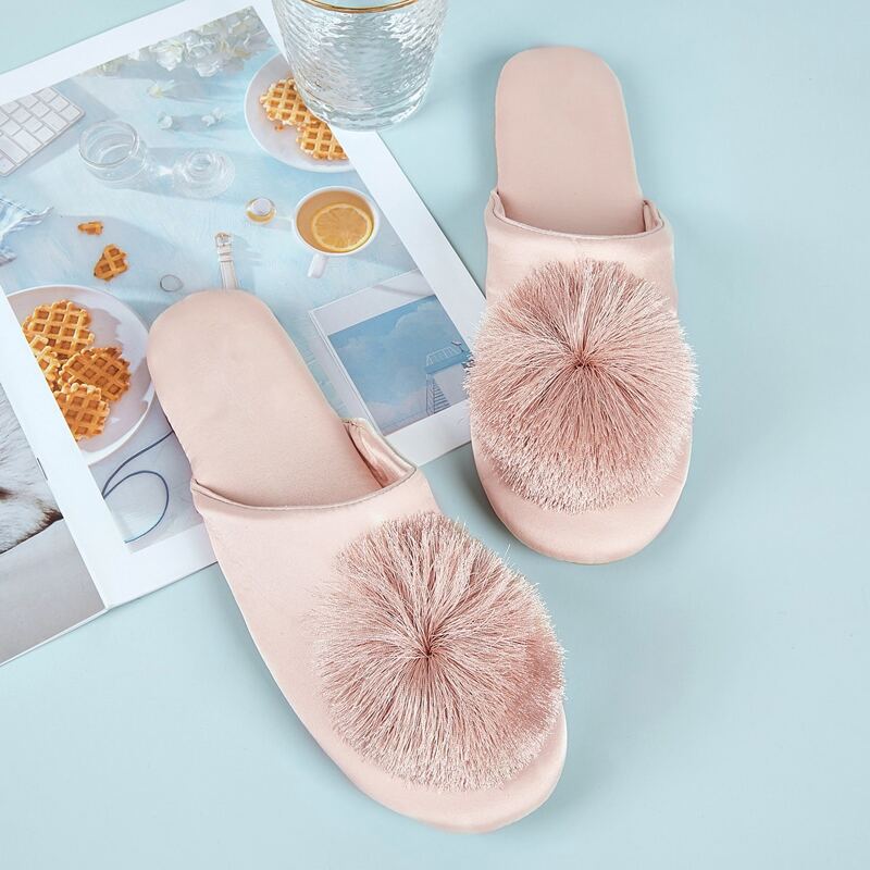 

Pom Pom Decor Wide Fit Slippers, Pink