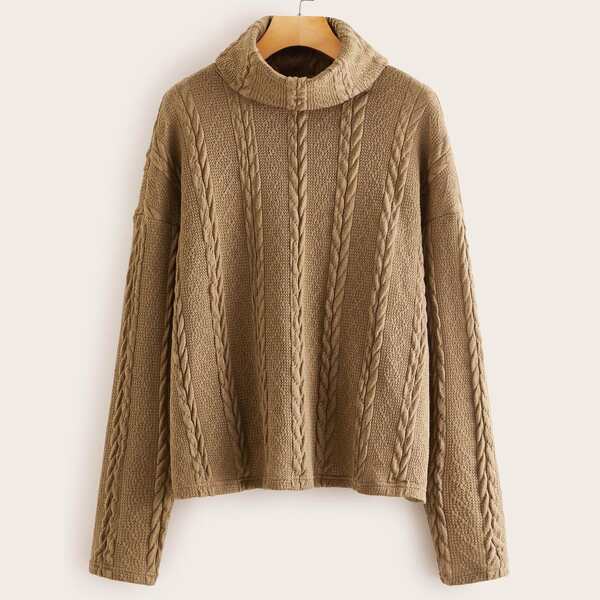 

Turtleneck Drop Shoulder Cable Knit Sweater, Camel