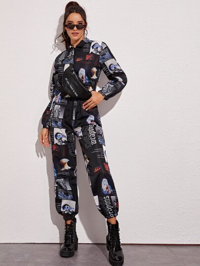 Letter And Figure Graphic Windbreaker Jumpsuit Without Bag