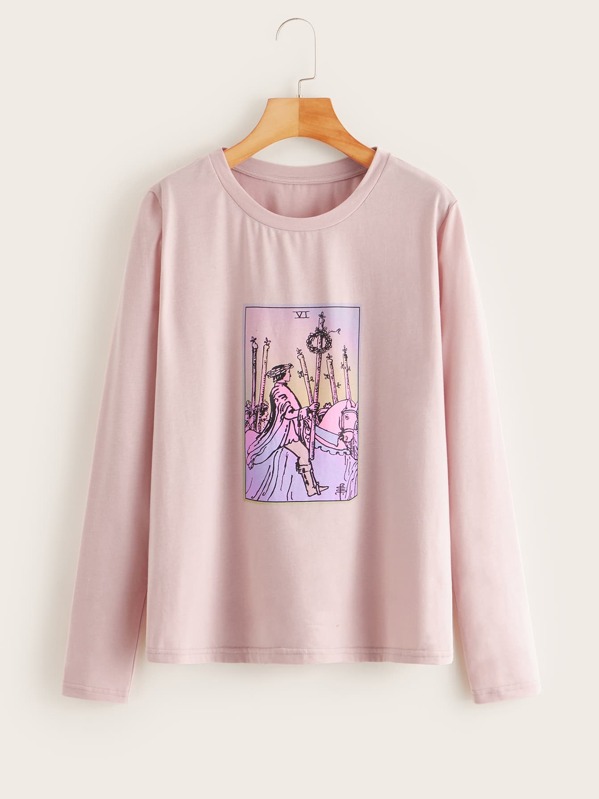 

Graphic Print Long Sleeve Tee, Pink