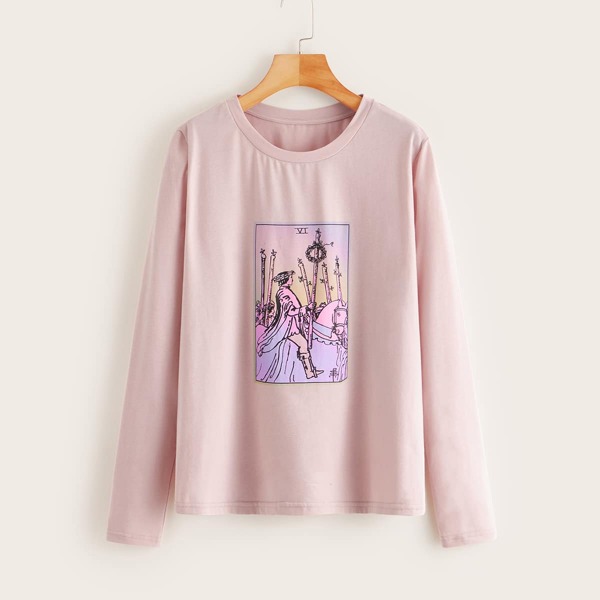 

Graphic Print Long Sleeve Tee, Pink